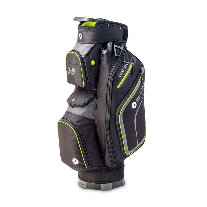 Motocaddy Club Series Golf Cart Bag 2026 in black with lime green trim, showing side of bag with waterproof pocket