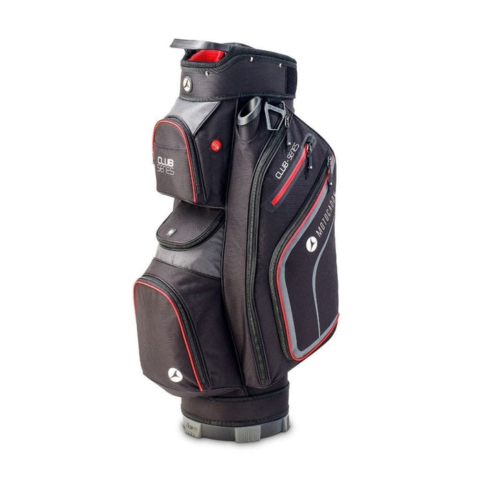 Motocaddy Club Series Golf Cart Bag 2026 in black and red, side view of bag featuring the putter well