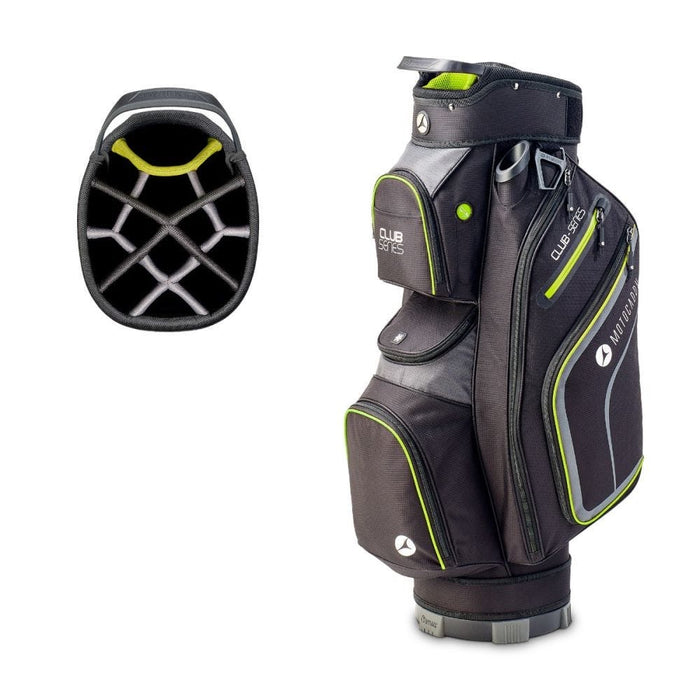 Motocaddy Club Series Golf Cart Bag 2026 in black and lime showing full bag and top dividers