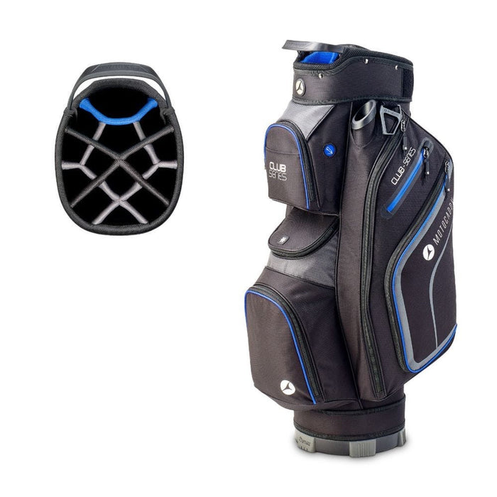 Motocaddy Club Series Golf Cart Bag 2026 in black and blue trim, featuring a small image of 14 way op divider