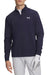 Person wearing a navy Under Armour quarter-zip pullover on a white background