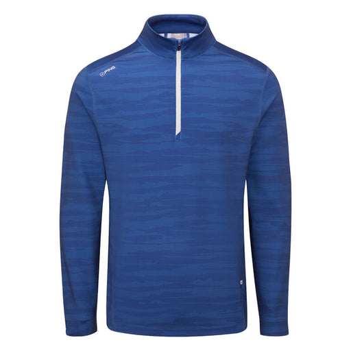 Ping Latham Half Zip Golf Midlayer in inky multi blue, showing all over camo pattern with white zip