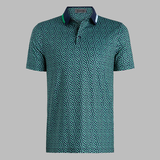 G/FORE Triple/G Tech Jersey Golf Polo Shirt in navy and green. Front view on a grey background