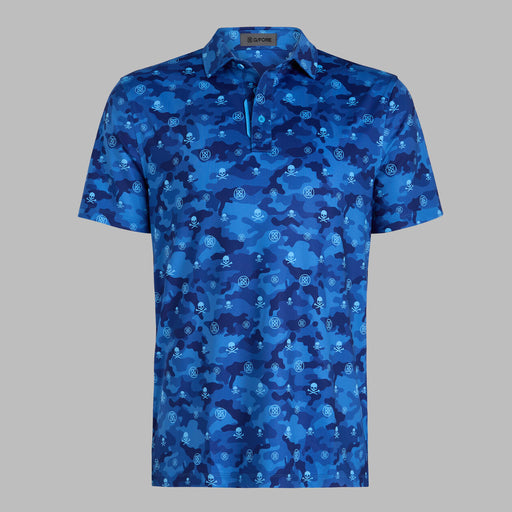 G/FORE Icon Camo Tech Jersey Golf Polo Shirt in azul blue, front of polo on grey background