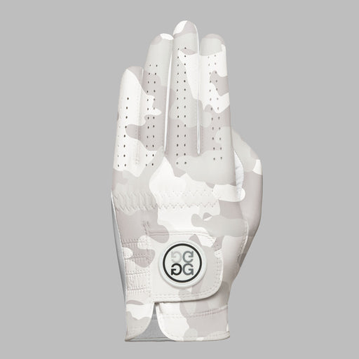 G/FORE Men's Signature Camo Golf Glove in snow camo, full view of the back of the glove