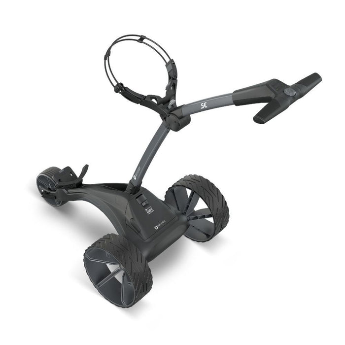 Motocaddy SE G2 Electric Golf Trolley, side view of the trolley in action