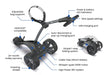 Full specifications labelled on the image of the Motocaddy SE G2 Electric Golf Trolley and a small version of the trolley folded