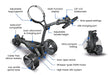 Motocaddy M1 Electric Golf Trolley 2026, 2 views of the trolley folded and unfolded with labels showing all features and benefits