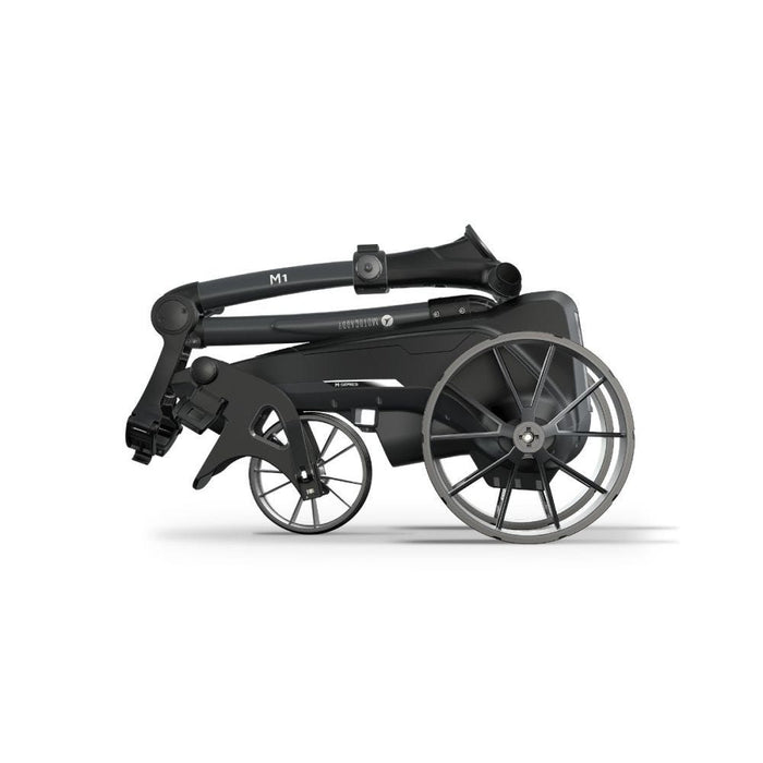 Motocaddy M1 Electric Golf Trolley 2026 in its smallest folded from the side