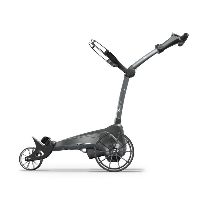 Motocaddy M1 Electric Golf Trolley 2026 unfolded view from the side with straps up