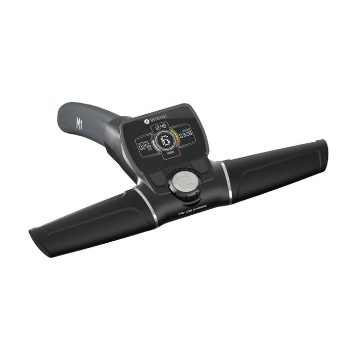 Motocaddy M1 Electric Golf Trolley 2026's handle and screen on a white background