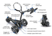 2 different views of the Motocaddy M1 DHC Electric Golf Trolley 2026 folded and unfolded, features labels of the specifications of the trolley
