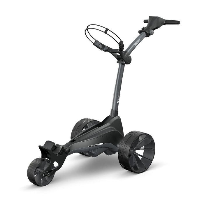 Motocaddy M5 GPS Electric Golf Trolley 2026 face on view with the trolley unfolded