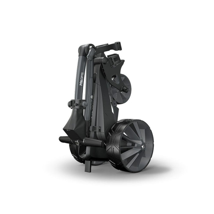 Motocaddy M5 GPS Electric Golf Trolley 2026 folded up and on its stand