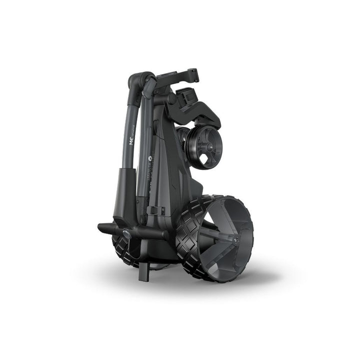 The Motocaddy ME Remote Electric Golf Trolley 2026 folded and on its stand