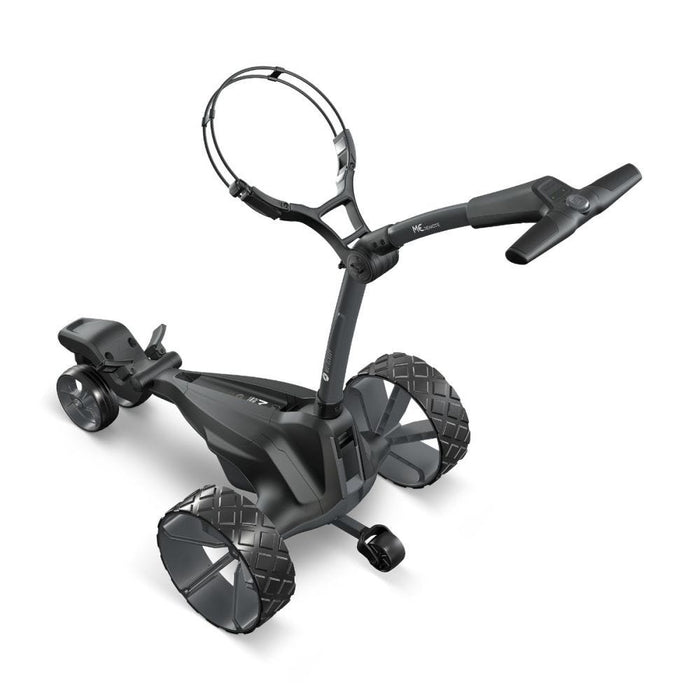 side profile of the Motocaddy ME Remote Electric Golf Trolley unfolded