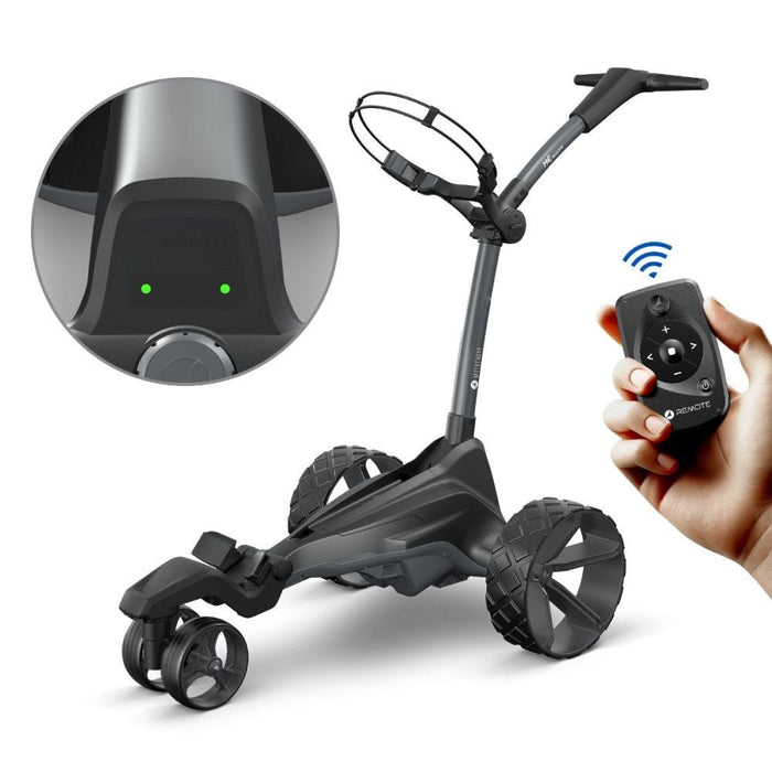 hero image of the Motocaddy ME Remote Electric Golf Trolley with a persons hand holding the remote control