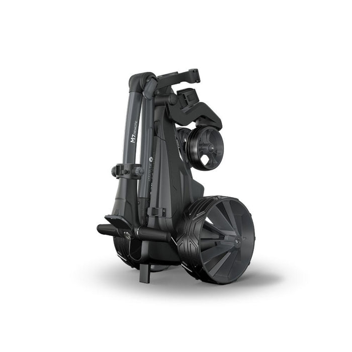 The Motocaddy M7 Remote Electric Golf Trolley in its folded state on its stand