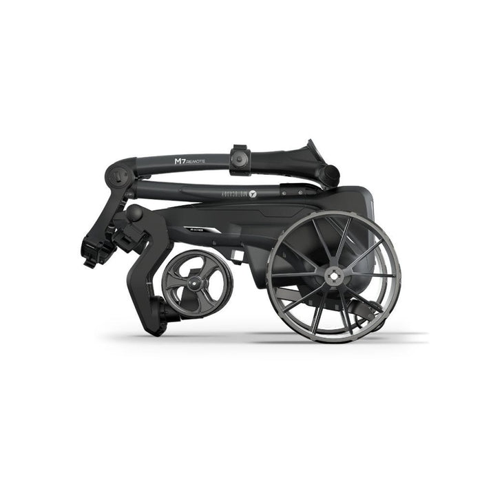 The Motocaddy M7 Remote Electric Golf Trolley folded side profile
