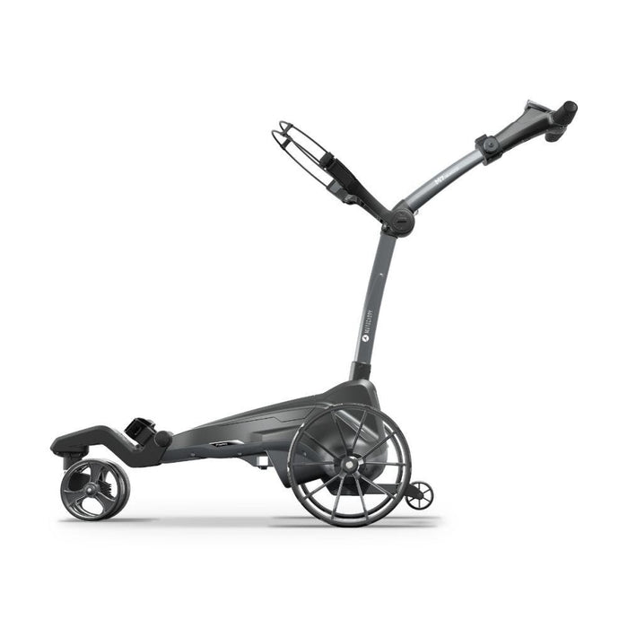 The Motocaddy M7 Remote Electric Golf Trolley unfolded, side profile