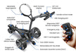 Motocaddy M7 Remote Electric Golf Trolley and remote control, labelled with features of the cart