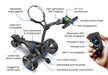full profile and remote control of  Motocaddy M7 GPS Remote Electric Golf Trolley 2026 labelled with features