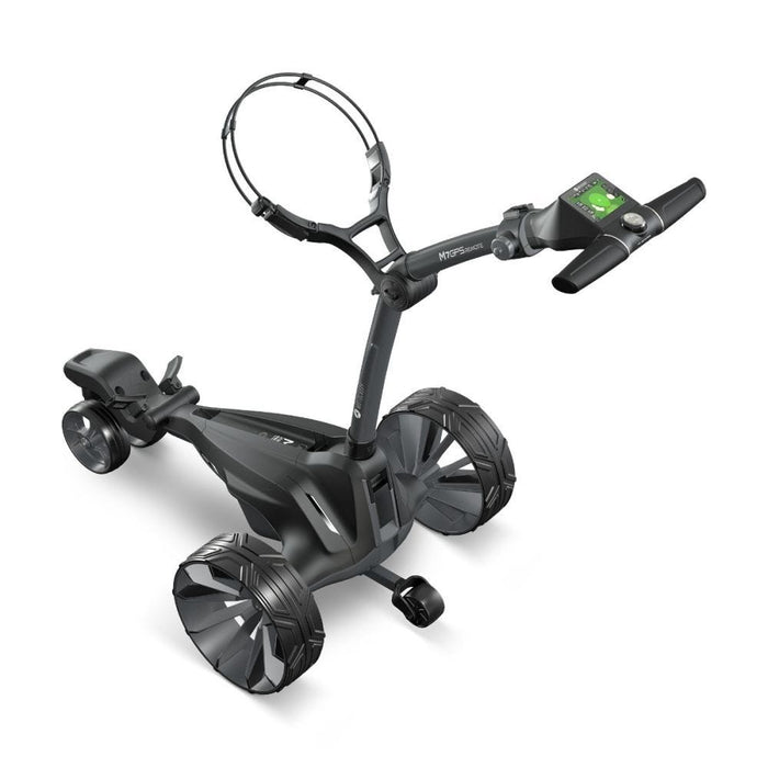 angled profile of the Motocaddy M7 GPS Remote Electric Golf Trolley 2026 unfolded