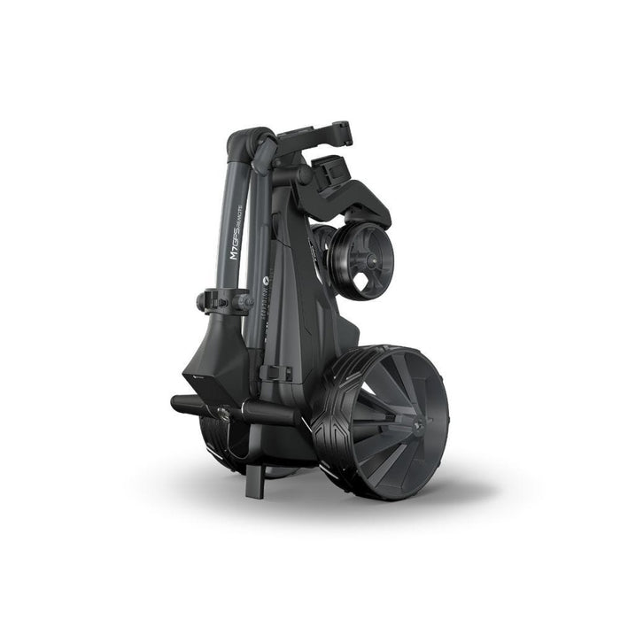the Motocaddy M7 GPS Remote Electric Golf Trolley 2026 folded on its stand
