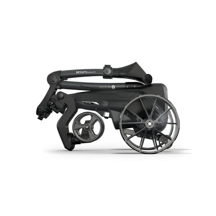 side profile of Motocaddy M7 GPS Remote Electric Golf Trolley 2026 folded small