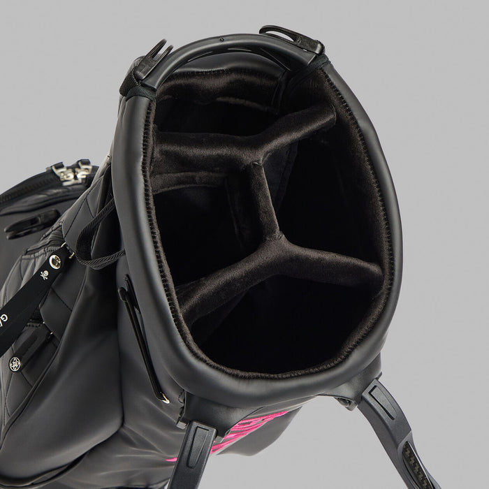 Close up of the 4-way dividers on the G/FORE Daytona Plus Golf Stand Bag in black