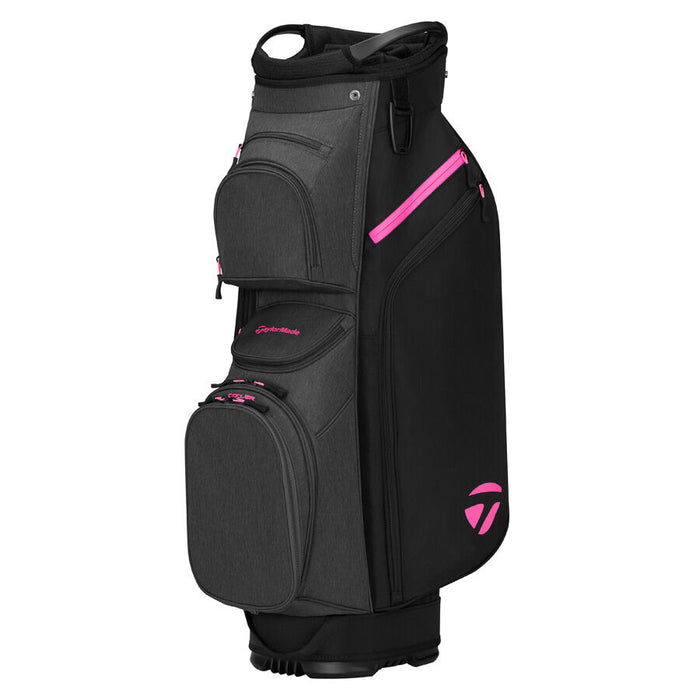 side profile of the TaylorMade Cart Lite Golf Cart Bag in black, grey and pink. Bright pink taylormade logo