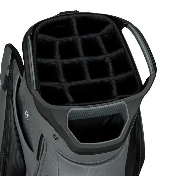 closeup of the top of a TaylorMade Deluxe Golf Cart Bag 2026 in black and grey