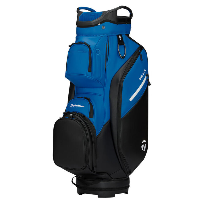 side profile of the TaylorMade Deluxe Golf Cart Bag in black and blue