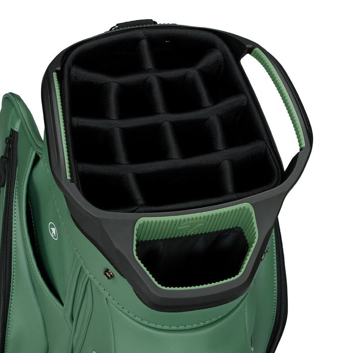 top dividers and carry handles of the TaylorMade Deluxe Golf Cart Bag in sage green
