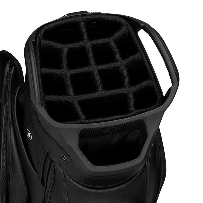 closeup of the top dividers of the TaylorMade Deluxe Golf Cart Bag in black