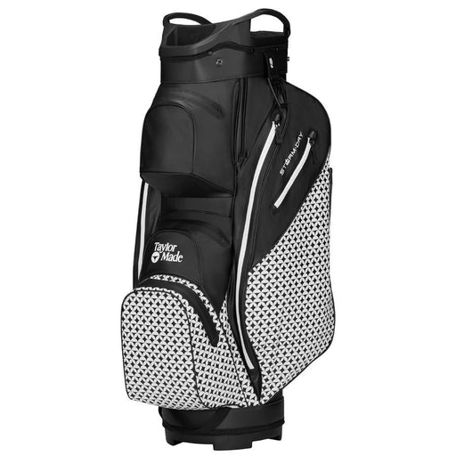 side profile of the TaylorMade Storm Dry Waterproof Golf Cart Bag in heritage icon black print