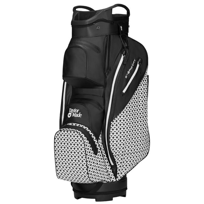 side profile of the TaylorMade Storm Dry Waterproof Golf Cart Bag in heritage icon black print