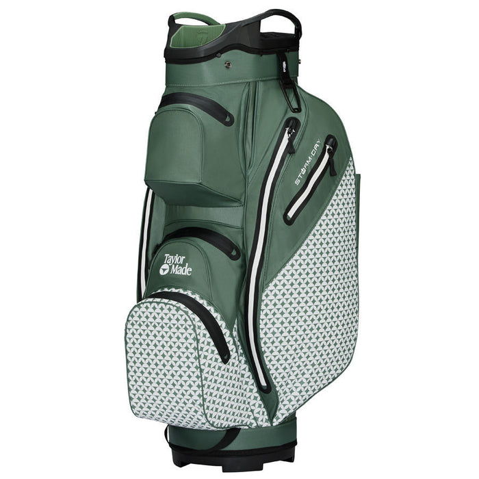 side profile of the TaylorMade Storm Dry Waterproof Golf Cart Bag in heritage icon sage green and white