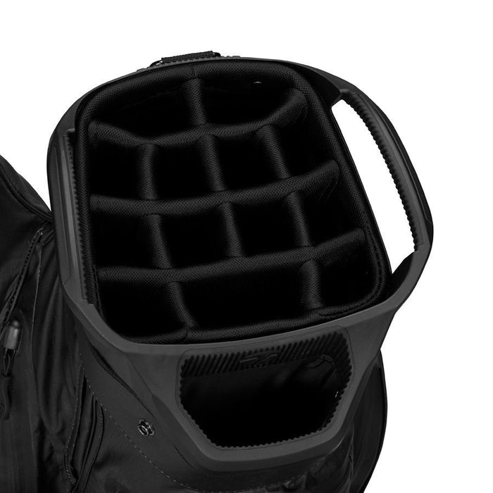 close up of the dividers on a TaylorMade Storm Dry Waterproof Golf Cart Bag in black
