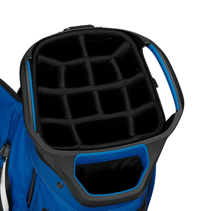 close up of the top divider on the TaylorMade Storm Dry Waterproof Golf Cart Bag in black and blue