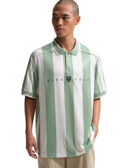 Green and white striped Nike Dri-FIT Fairway Fresh Loose Golf Polo Shirt on male model