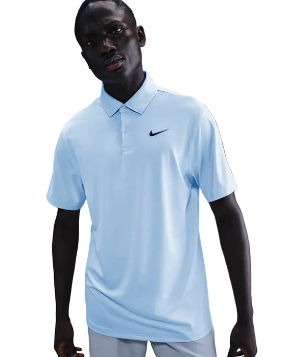 Male model wearing Nike Velocity Solid Golf Polo Shirt in hydrogen blue, front facing
