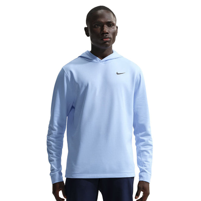 male model wearing new 2026 Nike Velocity Golf Hoodie in hydrogen blue, front facing