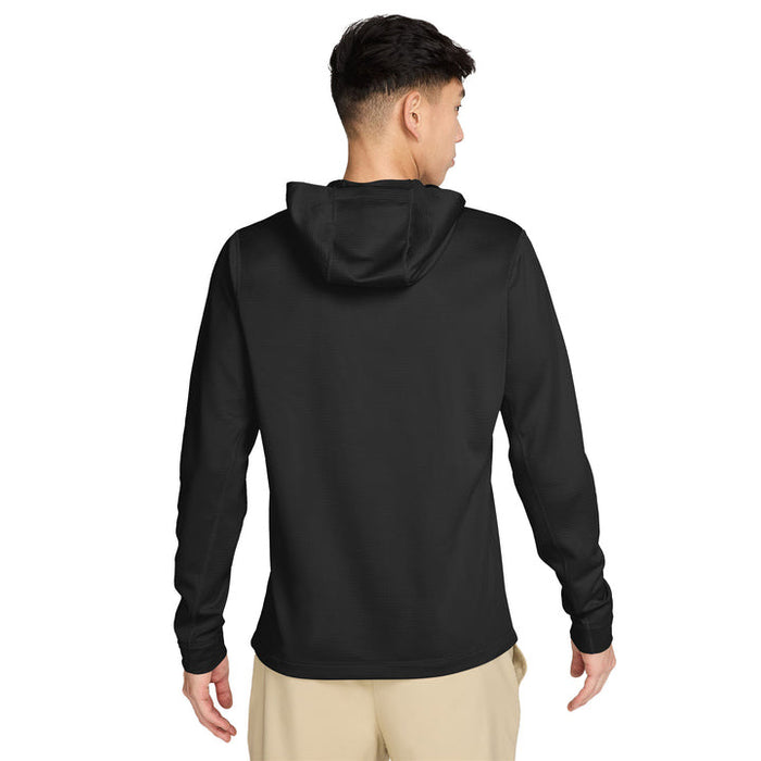 back profile of a male model wearing a Nike Velocity Golf Hoodie in black