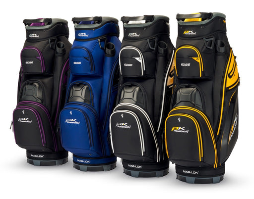all four colours in a line of the new PowaKaddy Edge Golf Cart Bag