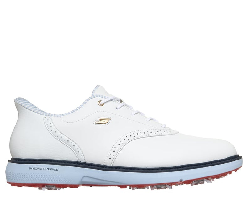 side profile of 2026 skechers prestige spike golf shoes in white blue with red sole