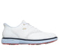 side profile of 2026 skechers prestige spike golf shoes in white blue with red sole