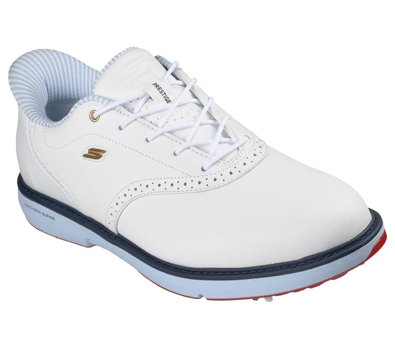 Hero view of the Skechers Go Golf Prestige Mens Spiked Golf Shoes in white
