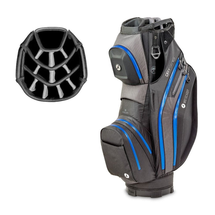 side profile and top divider of the Motocaddy Dry-Series Waterproof Cart Bag 2026 in black & blue