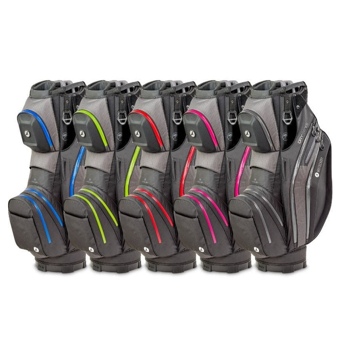 Every colour of the Motocaddy Dry-Series Waterproof Cart Bag 2026 standing side by side